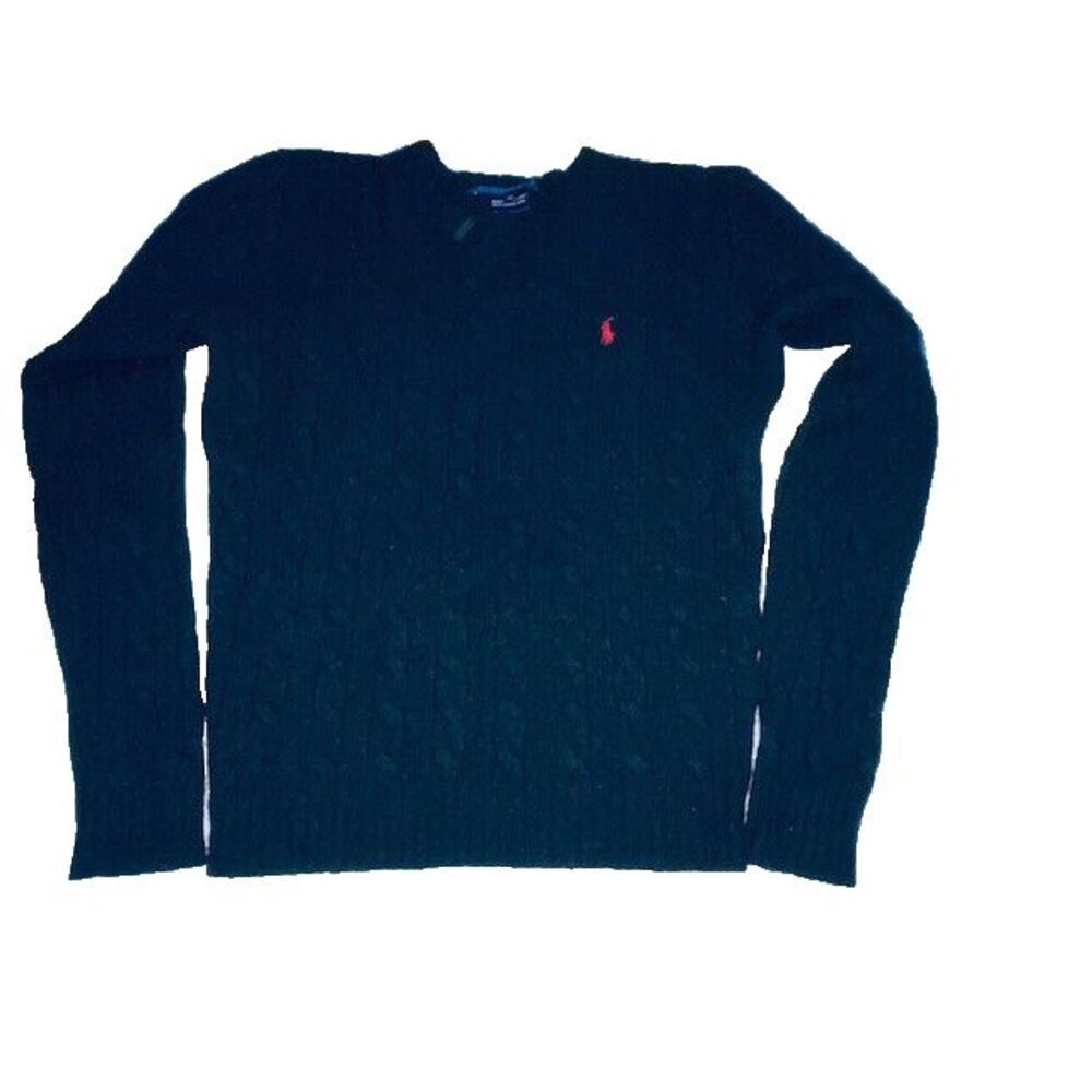 Vintage Ralph Lauren Sport Cable Knit Wool Sweater Women’s Black Crewneck Sz XS